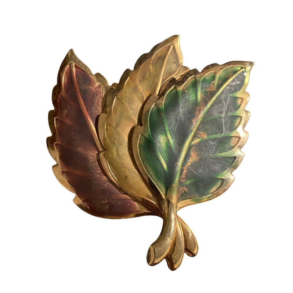Leaf Trio Brooch Pin 1980s  Lapel Jewelry Matte Gold Tone Fall Colors Vintage